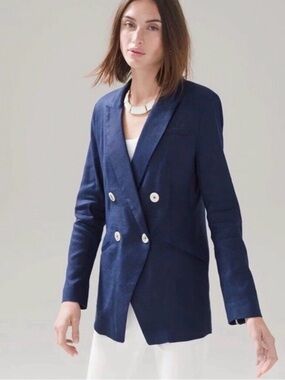 WHBM Studio Blazer, Linen Blend, Oversized Double-Breasted Navy, size 4
